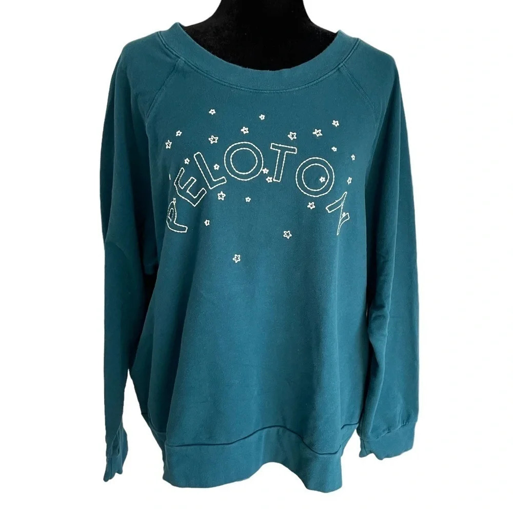 Peloton Pullover Sweatshirt Spellout Logo Embroidered Star Snow Sweatshirt Teal